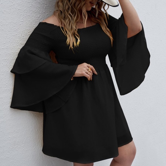 Boho Plus Off Shoulder Ruffle Bell Sleeve Dress - Picture 3 of 14